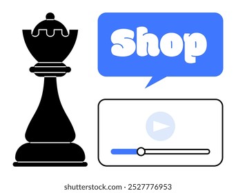 Black queen chess piece with a blue speech bubble displaying the word Shop next to a video player interface. Ideal for online shopping, e-commerce, chess tutorials, marketing, technology. Minimalist