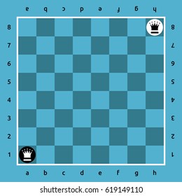 Black queen vs white one on blue chessboard. Sport, rivalry and competition concept. Flat design. Vector illustration. EPS 8, no transparency