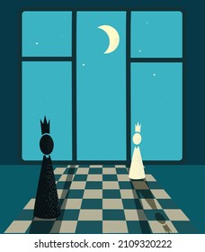 Black queen and white queen standing on a chessboard in a room at night.