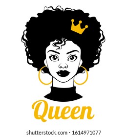 Black Queen. Black Woman. Afro American Girl. Curly Hair, Golden Earrings And Crown. Fashion Illustration On White Background