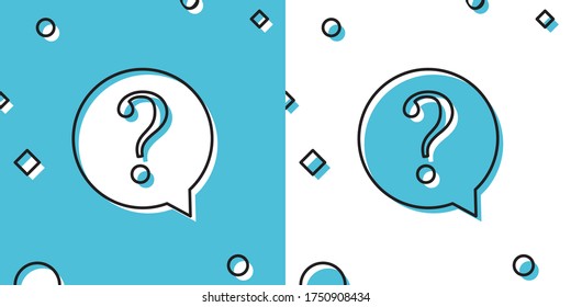 Marca de pregunta negra en icono circular sobre fondo azul y blanco. Símbolo de advertencia de peligro. Signo de FAQ. Copiar archivos, burbuja de voz de chat e iconos web de gráficos. Formas dinámicas aleatorias. Ilustración vectorial
