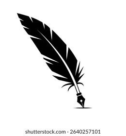 A black quill pen stands upright, its tip touching a surface.