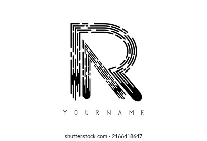 Black R letter logo concept. Creative Minimal Monochrome Monogram emblem design template with lines and finger print pattern. 