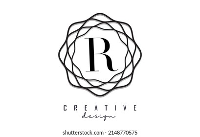 Black R letter logo with wavy circle element. Vector with monogram design and luxury.