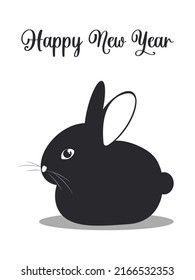 Black rabbit. 2023. Happy new year. Festive vertical poster with an animal according to the Chinese calendar. Black and white. Vector.