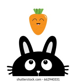 Black rabbit bunny face head silhouette looking up to smiling carrot vegetable. Cute cartoon funny animal character. Baby card. Sticker print template. Flat design. White background. Isolated. Vector