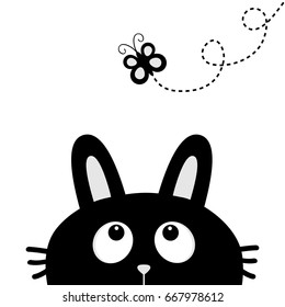 Black rabbit bunny face head silhouette looking up to flying butterfly. Dash line loop. Cute cartoon animal character. Baby card. Sticker print template. Flat design. White background Isolated. Vector