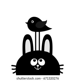 Black rabbit bunny face head silhouette looking up to bird. Cute cartoon funny character. Kawaii animal. Baby card. Sticker print template. Flat design. White background. Isolated. Vector illustration