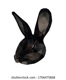 Black rabbit bunny face low poly triangular vector illustration isolated on white. Polygonal style trendy modern logo business fairy design template for easter invitations and greetings.