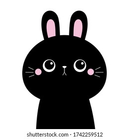 Black rabbit buny hare silhouette icon. Cute kawaii cartoon character. Pink cheeks. Happy Valentines Day. Baby greeting card tshirt notebook cover print. White background. Flat design. Vector