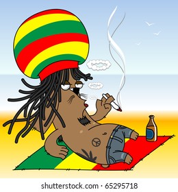 black rabbit in a color cap on the beach smoking a cigarette with ganja and drinking beer