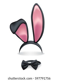 Black rabbit ears and black bow tie isolated on white background. Vector illustration.