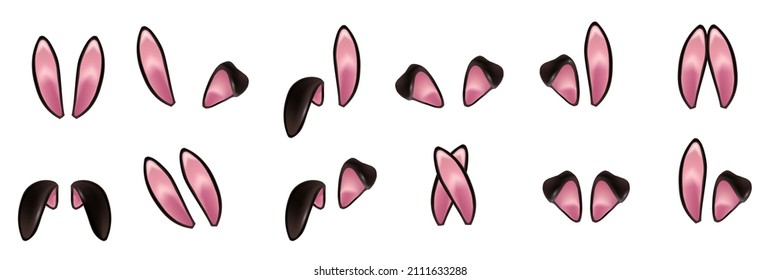 Black rabbit ears realistic 3d vector illustrations set. Easter bunny ears kid headband, mask collection. Hare costume pink cartoon element. Photo editor, booth, video chat app isolated cliparts.