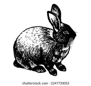 A black rabbit with ears sits sideways. The illustration is black and white. Vector drawing is realistic. Suitable for design, decoration, postcards, books.