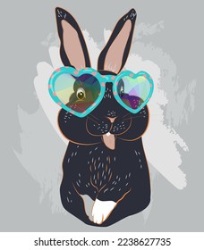 A black rabbit with glasses is teasing. Print on next year's T-shirt.