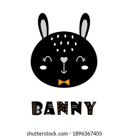 black rabbit head and text isolated on white background, cute kawaii illustration, cartoon funny baby character, animal in scandinavian style, happy Easter, greeting card with bunny