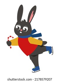 Black rabbit ice skating. Cute character in flat style.