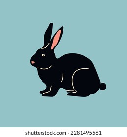 Schwarzes Kaninchen auf blauem Hintergrund. Vektorgrafik im minimalistischen Stil. Grafikelement für Design, Druck, Logo