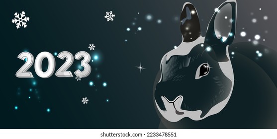 Black rabbit on a festive background. Symbol of the year 2023. Vector illustration
