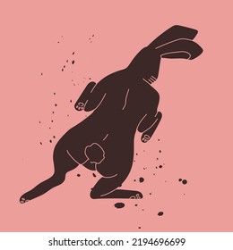 Black rabbit on a pink background with splashes of black. The hare is flying or jumping. Symbol of 2023. Vector trendy illustration for design, t-shirt prints, stickers.