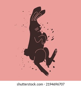 Black rabbit on a pink background with splashes of black. The hare is flying or jumping. Symbol of 2023. Vector trendy illustration for design, t-shirt prints, stickers.