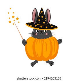 Black rabbit in pumpkin costume, holding magic wand. Cute bunny cartoon halloween cartoon character. Vector flat illustration.