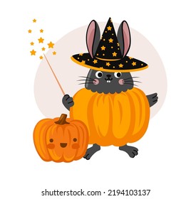 Black rabbit in pumpkin costume, holding magic wand. Cute bunny cartoon halloween cartoon character. Vector flat illustration.