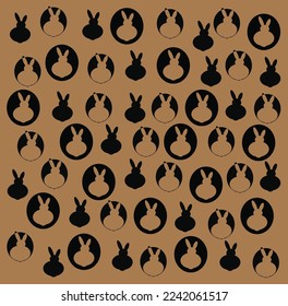 black rabbit and rabbit in the round moon random pattern on brown caramel background 