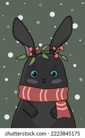 A black rabbit with a scarf. Vector illustration for a postcard. Children's illustration