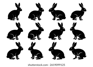 Black Rabbit Silhouette Set Bundle Vector Illustration Group Collection