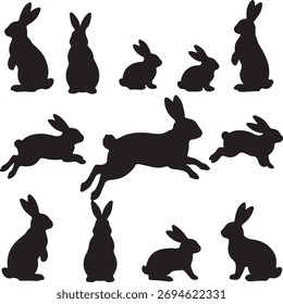 Siluetas de conejo negro en posturas dinámicas y de descanso - Iconos de vectores animales para el diseño y la decoración

