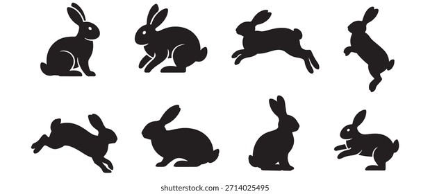 Black rabbit silhouettes showcase different actions and positions, offering versatile graphic elements for design projects.