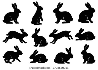 Black rabbit silhouettes in various poses bunny white