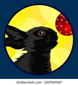 Ein schwarzes Kaninchen schnüffelt ein rotes Weihnachtsbaumspielzeug, gelber Hintergrund. Vektorgrafik mit einem kleinen Hasen, ein Symbol des Neujahrs 2023. Grußpost, Postkarte oder Banner für das neue Jahr