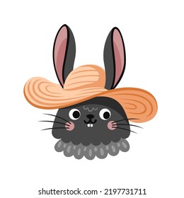 Black rabbit wearing straw hat. Cute little bunny cartoon character portrait. Hare face, head, avatar. Vector flat illustration.