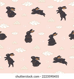 Black rabbits with Chinese New Year symbols seamless pattern. Year of the Rabbit. Mid autumn festival. Hand drawn vector illustration