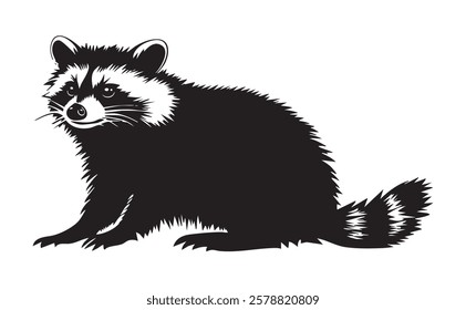 A black raccoon with a white stripe on its face is sitting on a white background