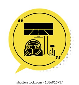 Black Racing simulator cockpit icon isolated on white background. Gaming accessory. Gadget for driving simulation game. Yellow speech bubble symbol. Vector Illustration