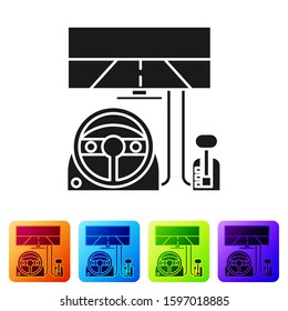 Black Racing simulator cockpit icon isolated on white background. Gaming accessory. Gadget for driving simulation game. Set icons in color square buttons. Vector Illustration