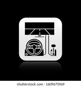 Black Racing simulator cockpit icon isolated on black background. Gaming accessory. Gadget for driving simulation game. Silver square button. Vector Illustration