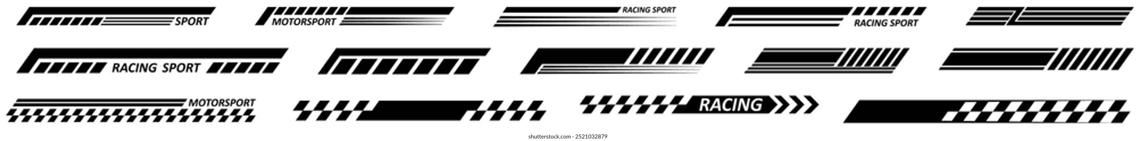 Black racing sport car strips arrow and race line decals for speed. Vector race car, auto, motorcycle, bike vinyl stickers and lines. Racing start and finish flag