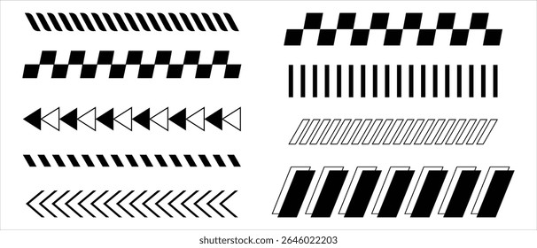 Black racing sport car strips arrow and race line decals for speed. race car vector, checkered flag designs, decal patterns, Geometric dashed barrier, tape or embroidery. 