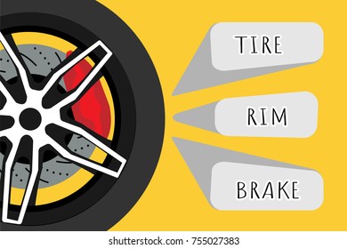 Black racing wheel with disk brake and red caliper on yellow background with grey banners. Automotive parts concept. Vector illustrator design. EPS10