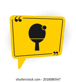 Black Racket for playing table tennis icon isolated on white background. Yellow speech bubble symbol. Vector