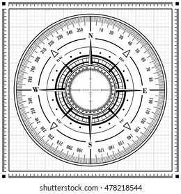 Black radar compass rose isolated on white. Vector illustration.