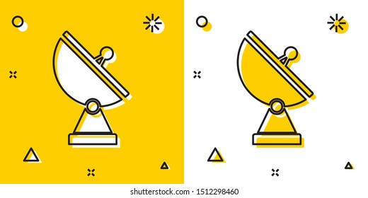 Black Radar icon isolated on yellow and white background. Military search system. Random dynamic shapes. Vector Illustration