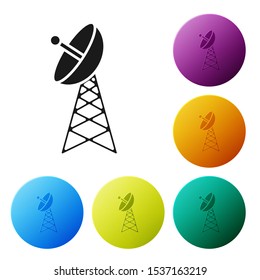 Black Radar icon isolated on white background. Military search system. Set icons colorful circle buttons. Vector Illustration