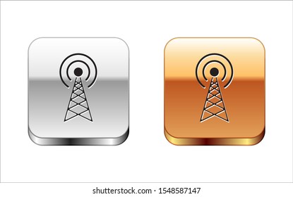 Black Radar icon isolated on white background. Military search system. Silver-gold square button. Vector Illustration
