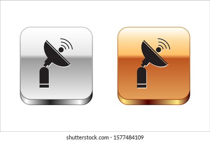 Black Radar icon isolated on white background. Search system. Satellite sign. Silver-gold square button. Vector Illustration