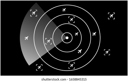 Black Radar Monitor. Air Traffic Control Radar Screen And Plane That Is Flying In The Screen. Illustration Eps 10